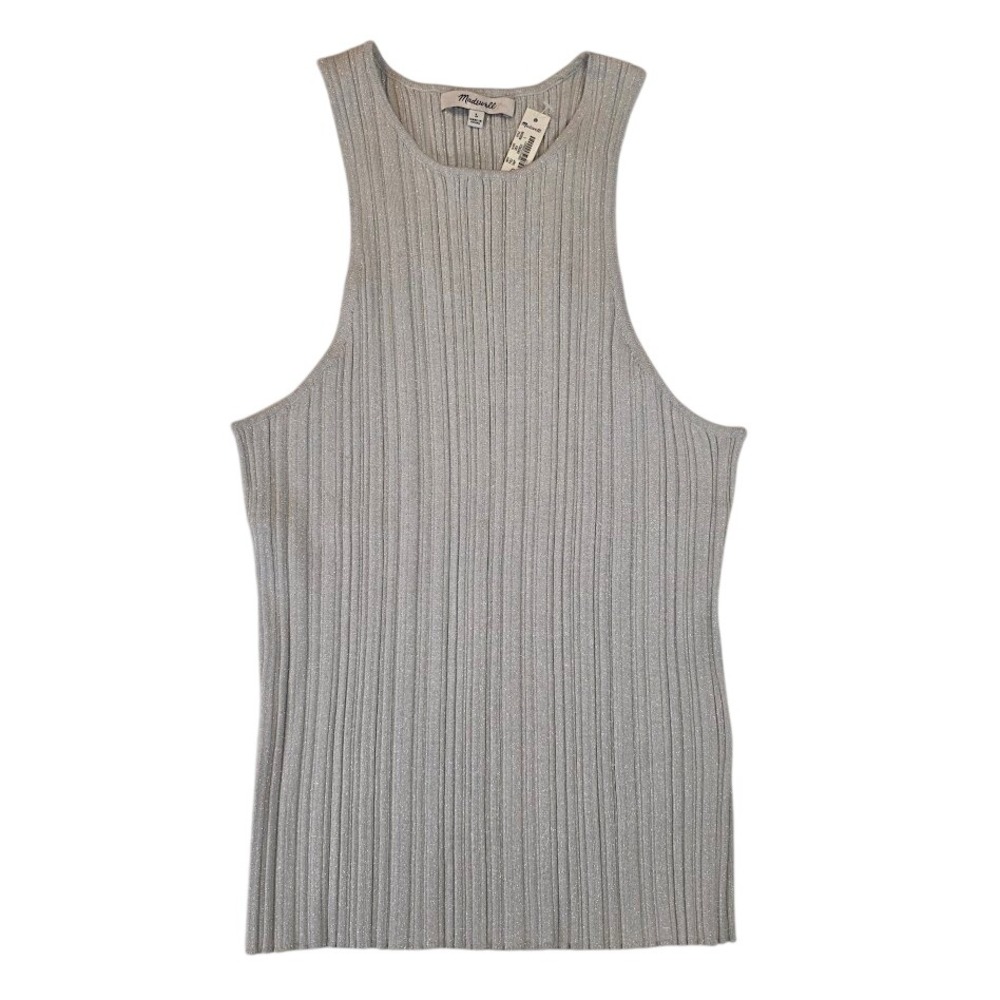 Madewell‎ Sz L Shimmer Knit Cutaway Sweater Tank Top Silver Metallic Ribbed NWT